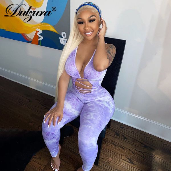 

tie dye hollow out women long jumpsuit lace up bodycon sleeveless streetwear 2021 summer clothes club party outfit, Black;white