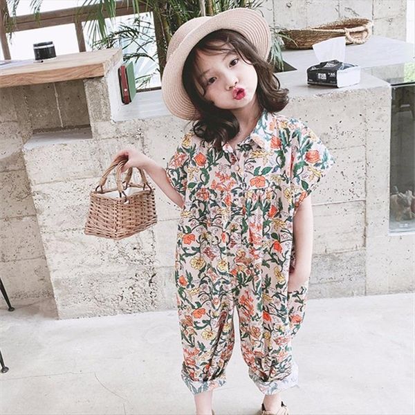 

girls floral print jumpsuit for children summer clothes sets baby kids beach romper clothing set, White