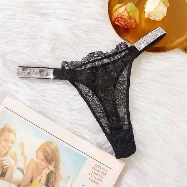 

women's panties lace transparent women g string brand design letter rhinestones intimates underwear seamless thongs lingerie, Black;pink
