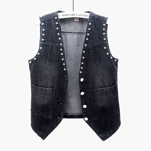 

jacket vintage rivet big pocket short denim vest women plus size slim v-neck sleeveless jacket coat black jeans vests female waistcoat, Black;brown