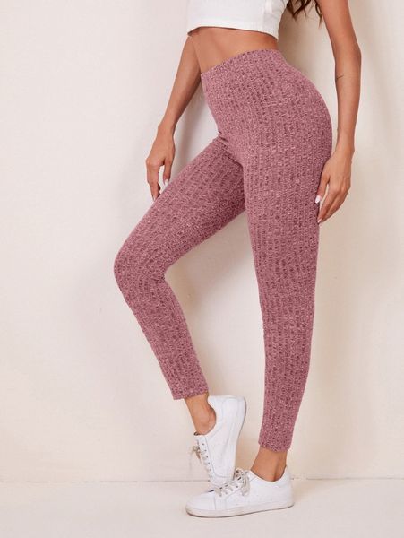 

elastic waist rib-knit marled leggings 66tl#, Black