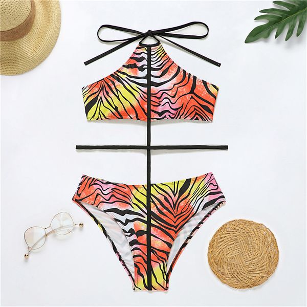 

2021 new halter colorful printed swimsuit women swimwear female bather bathing suit swim lady k2595