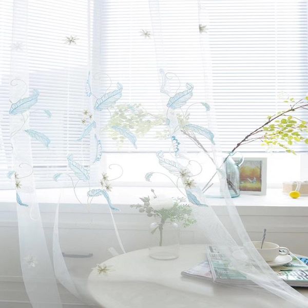 

curtain & drapes embroidered blue flower white lace for girl living room modern leaves sheer voile curtains bedroom window