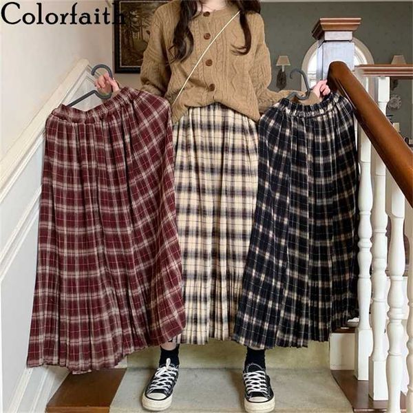 

colorfaith autumn winter women skirt in a cage plaid pleated flared vintage high waist checkered maxi sk33119 211119, Black