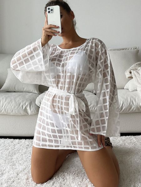 

plaid cover up with belt y6p6#, White;black