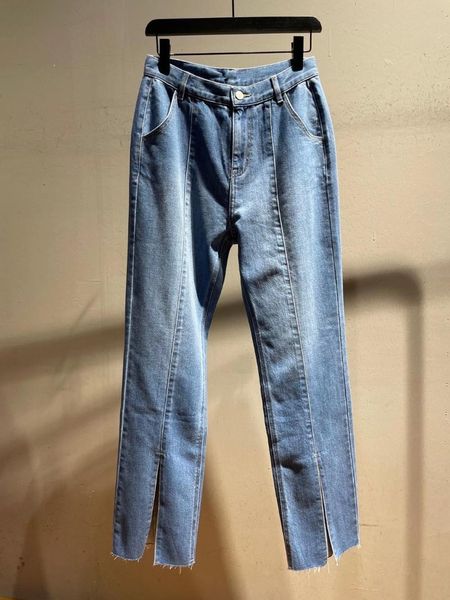 

women's jeans 2021 women fashion loose mid-seam slit straight-leg 0724, Blue