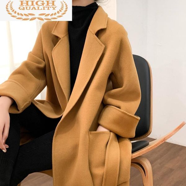 

100% korean wool coat female fashion autumn winter jacket slim long coats and jackets women clothing kj6458 women's & blends, Black