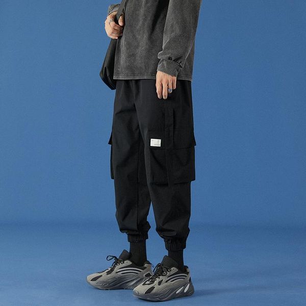 

men's pants legible 2021 spring autumn men casual cargo pant male solid elastic waist ankle-length man, Black