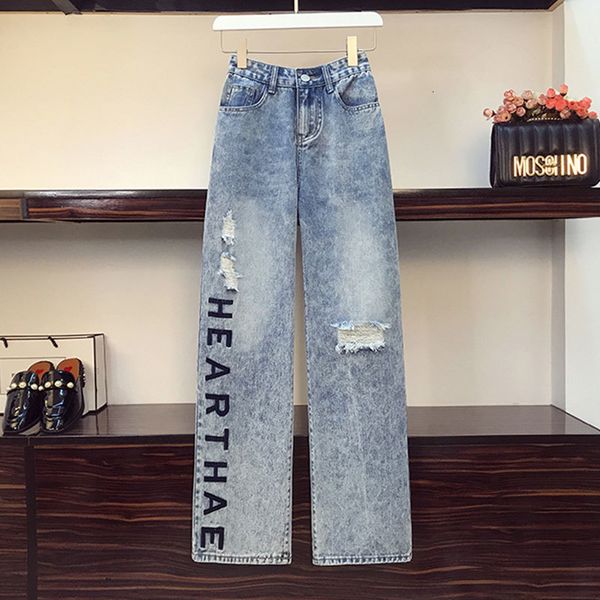 

jean autumn korea fashion women high waist loose jeans trousers letter embroidery vintage ripped denim wide leg pants plus size m643 dsf, Blue