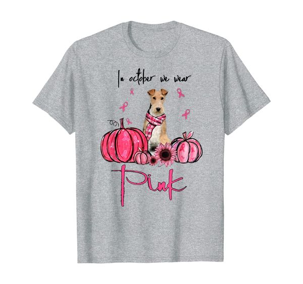 

wire fox terrier dog in october we wear pink ribbon pumpkin t-shirt, White;black