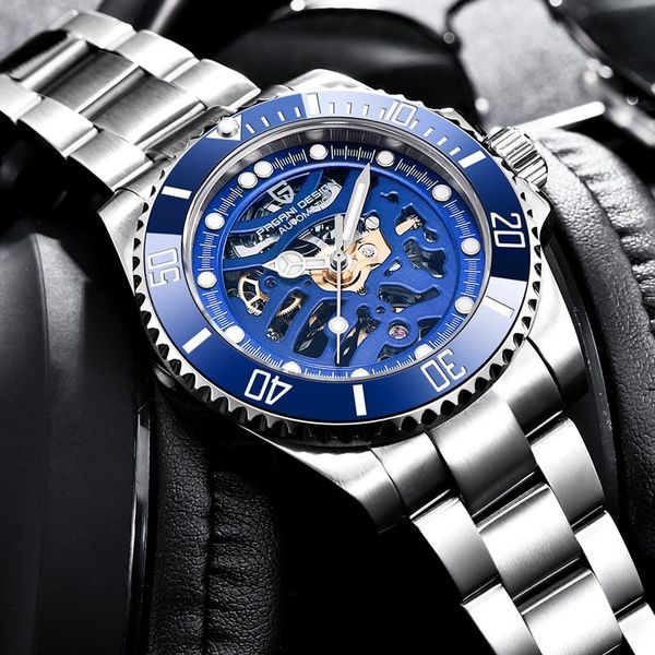 

wristwatches pagani design automatic watch men skeleton mechanical 100m waterproof mens sports watches full stainless steel reloj hombre hou, Slivery;brown