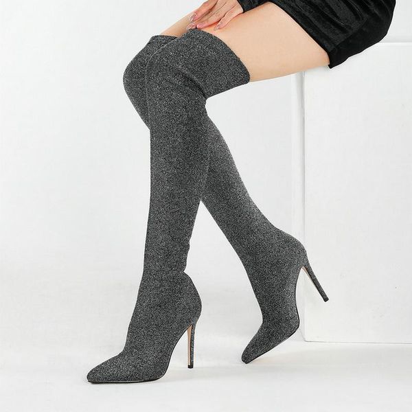 

boots 2021 faux suede women over the knee fashion pointed toe thin high heel ladies long slip on women's shoes big size 42, Black