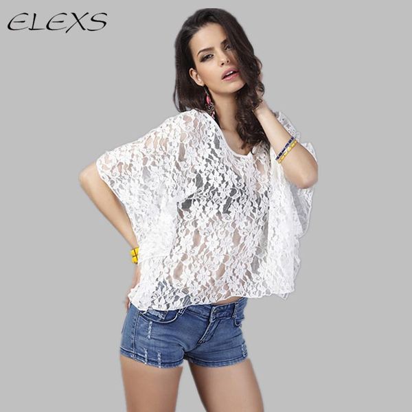 

women's blouses & shirts elexs women summer beach perspective bat sleeve lace female e8447, White