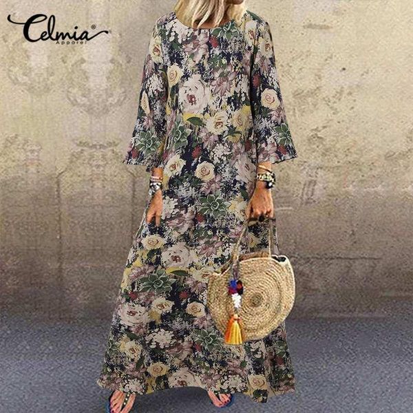 

casual dresses celmia women cotton dress vintage floral printed long 3/4 sleeve fashion sundress baggy party vestidos robe, Black;gray