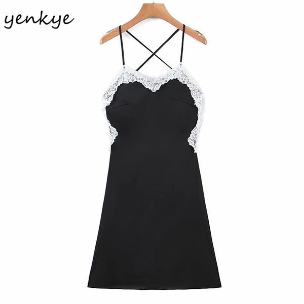 

romantic lace trims sling dress women backless sleeveless halter vintage black mini female satin chiffon robe 210514, Black;gray
