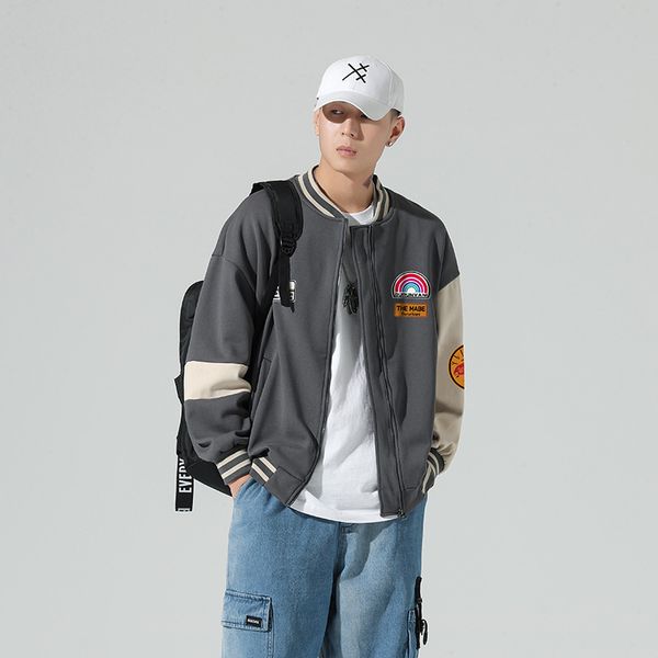 

fashion trends autumn baseball jackets men fashion striped cuffs and neckline streetwear printed loose coat, Black;brown