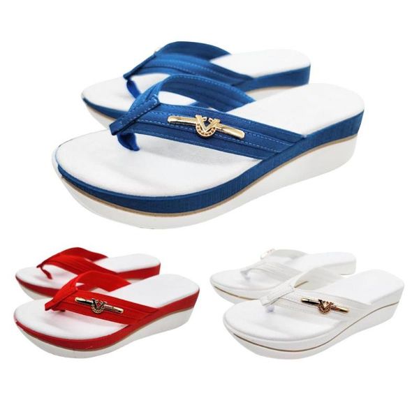 

slippers thick bottom flip flops woman metal buckle decor slope heel beach shoes mixed color sandals summer lady, Black