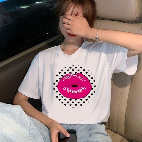 

red pink lipstick print fashion women t shirts o neck short sleeve harajuku white female