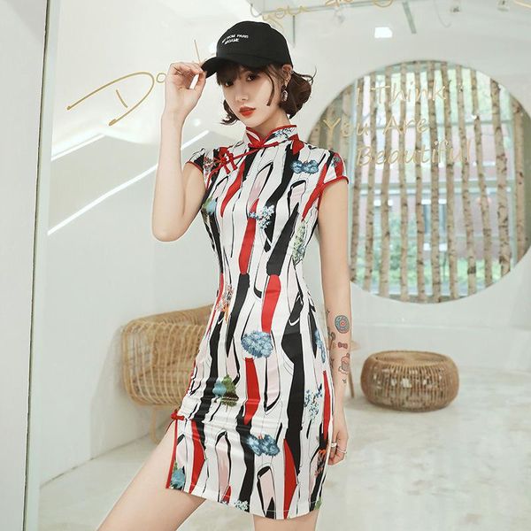 

ethnic clothing fzslcyiyi chinese dress vintage women oriental satin cheongsam modern qipao china elegant handmade button casual mini, Red