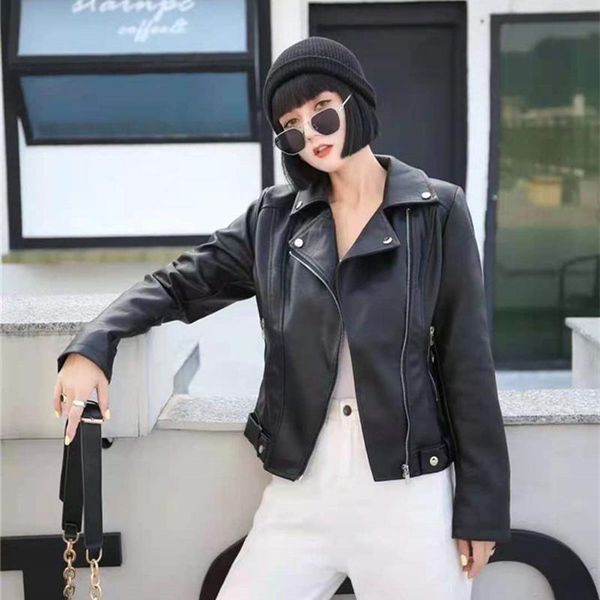 

women's leather & faux jacket fur coat moto biker zipper winter autumn slim, Black