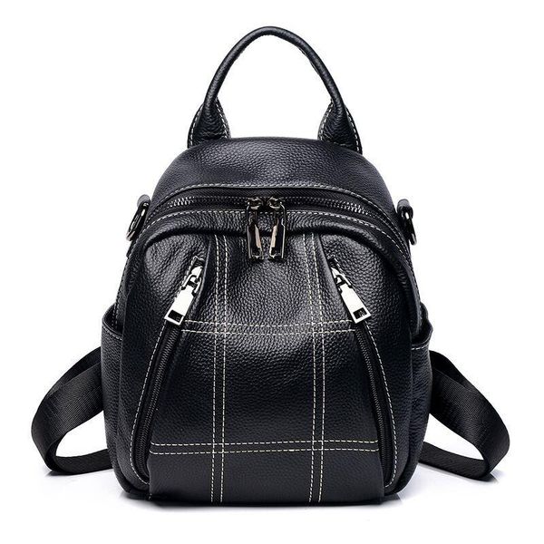 

outdoor bags 2021 100% genuine leather casual women small backpack beach rucksack preppy style schoolbag lady travel bag black
