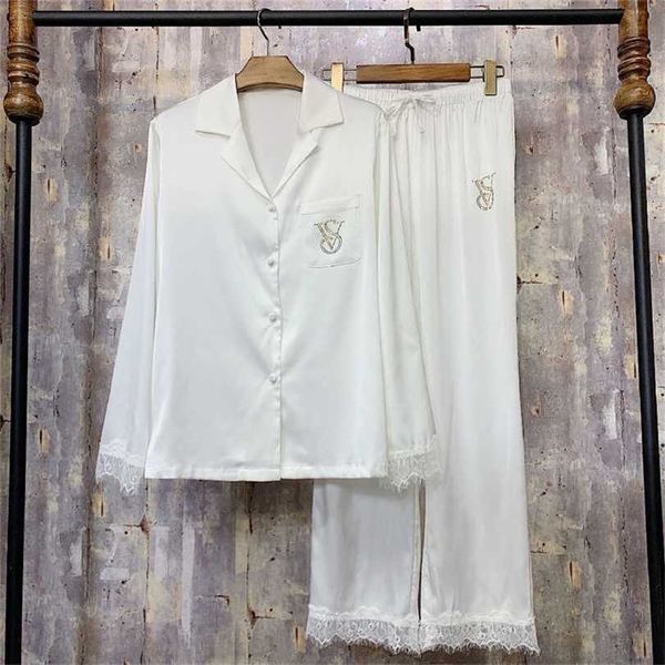 

solid color diamond temperament autumn long-sleeved trousers silk stitching lace sleeve ladies pajamas home service suit 211116, Black;red