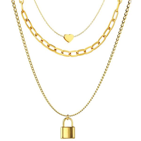 

pendant necklaces hip hop multi layers square chain heart padlock necklace for women punk rock gift, Silver