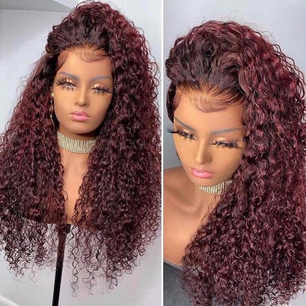 

lace wigs curly front human hair burgundy #99j wig brazilian remy closure dark red pre plucked t part, Black;brown