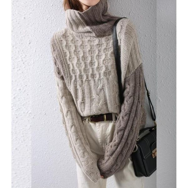 

women's sweaters autumn and winter fashion high-neck long-sleeved sweater women retro loose twist stripe contrast color knitted, White;black