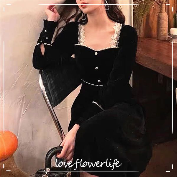 Inverno vintage vestido preto mulheres casual elegante manga longa quadrado colarinho gótico vestido feminino vestido coreano 210521