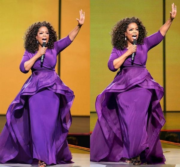 Elegante Oprah Winfrey Abiti da sera celebrità Abiti da donna Lunghi volant Medio Oriente Dubai Stile arabo Maniche viola Taglie forti Abiti da cerimonia Abito da ballo