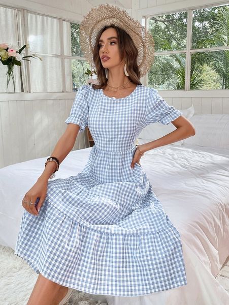 

gingham puff sleeve ruffle hem smock dress c74i#, Black;gray
