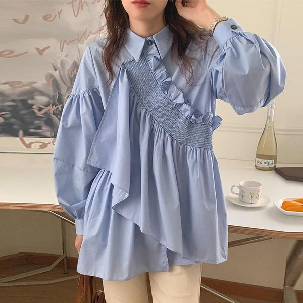 

women's blouses & shirts [ewq] korean style fashion chic solid color falbala puff sleeve pullover autumn loose lapel female tide, White