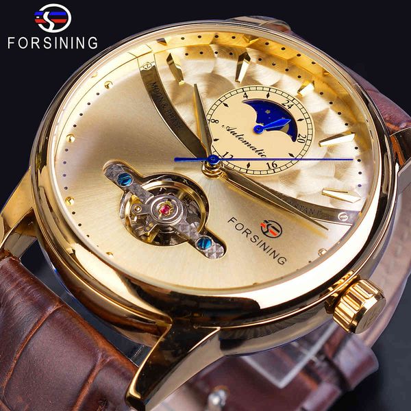 

watches forsining moon phase automatic watch royal men golden waterproof mechanical wristwatch casual genuine leather tourbillon clock, Slivery;brown