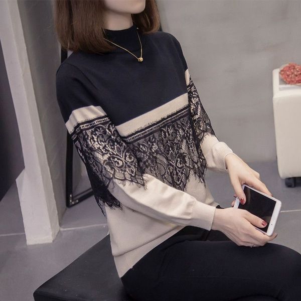 

women's hoodies & sweatshirts fat sister autumn clothes large women's sweater stitched lace thin belly covering knitted bottomed s, Black