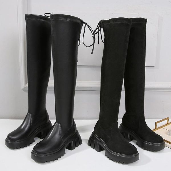 Plataforma de botas de tamanho de 43 fonberry de 43 fonberry se estende por cima das mulheres de joelho elegante e elegante traseiro up Tubo Wide Riding 882 59294