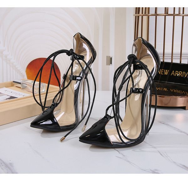 

dress shoes 16cm heels for women cross-lace-up patent leather lady roman style show model female shoes size44 fashion stiletto pvc, Black