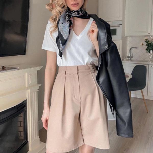 

women's shorts summer 2021 long with high waist female loose white classic knee-length office wide black candy, White;black