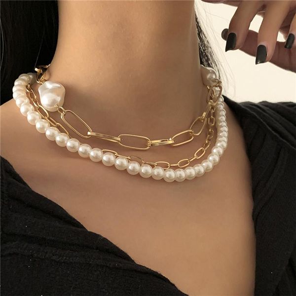 

3pc/set beaded chain baroque pearl chains necklace for women multilayer cuban chunky choker jewelry, Silver