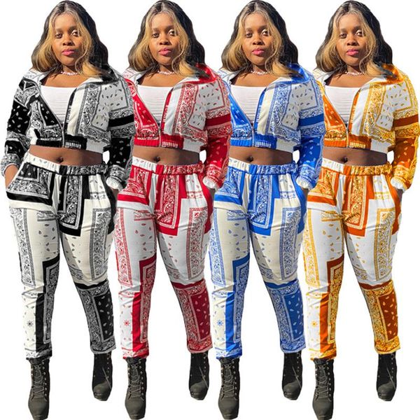 

women's two piece pants paisley bandana print 2 set women fitness sweatsuit zipper up sweatshirt + jogger tracksuit vintage outfits, White