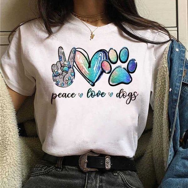 

peace love dogs print tshirt fashion women t shirt harajuku graphic tee cartoon cute tee shirts female graphic t-shirt x0527, White