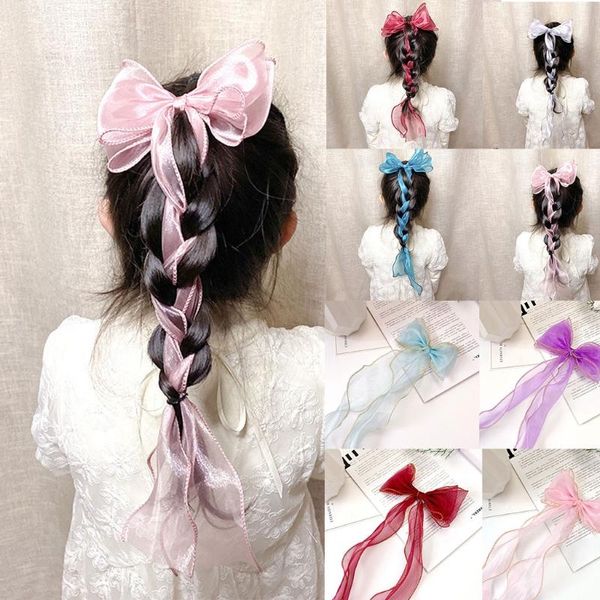 

hair accessories kids girls princess clips sweet shiny long ribbon streamer bow hairpin ponytail braid holder hairgrips barrette, Slivery;white