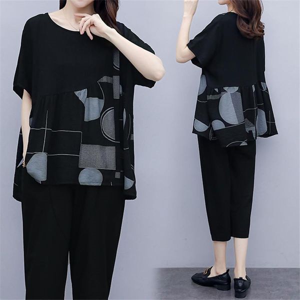 

large size clothing summer women tracksuits printing sporting suit 2 piece set oversize lady clothes leisure tracksuit 5xl, Gray