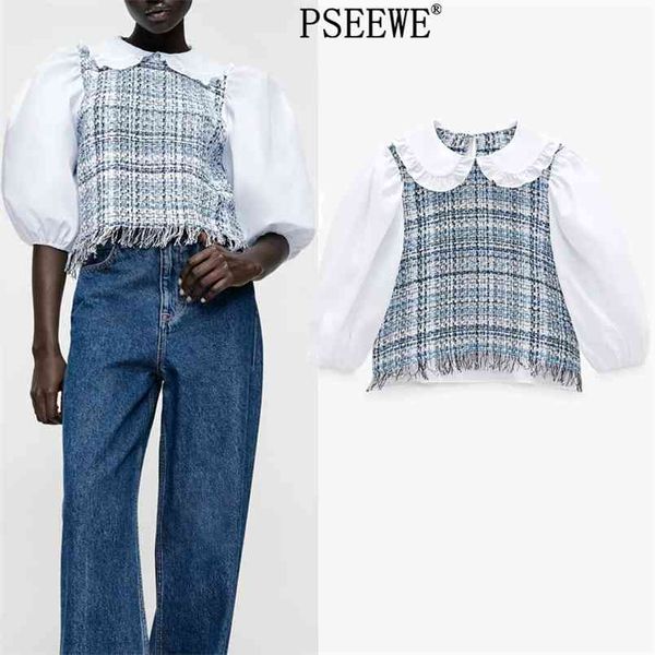 

blue plaid patchwork crop women cute peter pan collar ruffle woman blouses fashion short puff sleeve blouse 210519, White