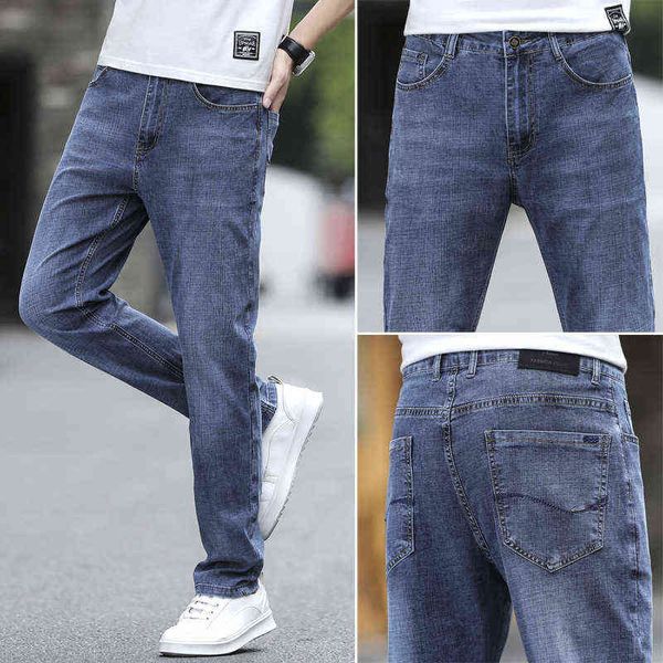 

jeans straight tube thin 2021 light blue casual elastic men's denim pants