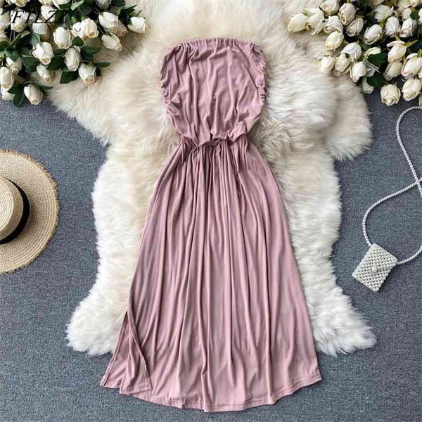 

summer women beach style elegant sleeveless long dress ladies strapless solid high waist dresses 210430, Black;gray