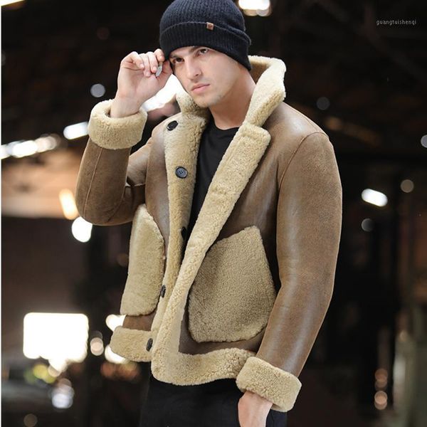 

genuine leather sani sheepskin 100% d real fur jacket natural overcoat brown thicken clothing men's & faux, Black