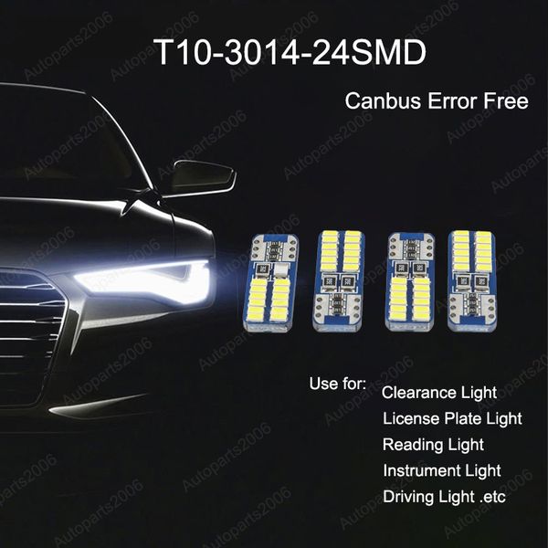 

50pcs/lot white t10 3014 24smd led canbus error car bulb 168 194 2825 clearance lamp reading instrument license plate light 12v