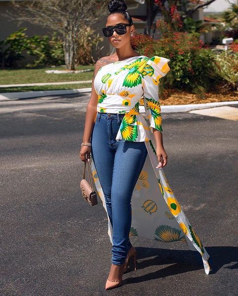 

felyn 2021 arrival t-shirt print draped one shoulder casual women's, White