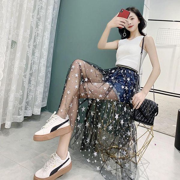

skirts 2021 summer perspective gauze skirt, medium length transparent skirt with single layer and long, Black
